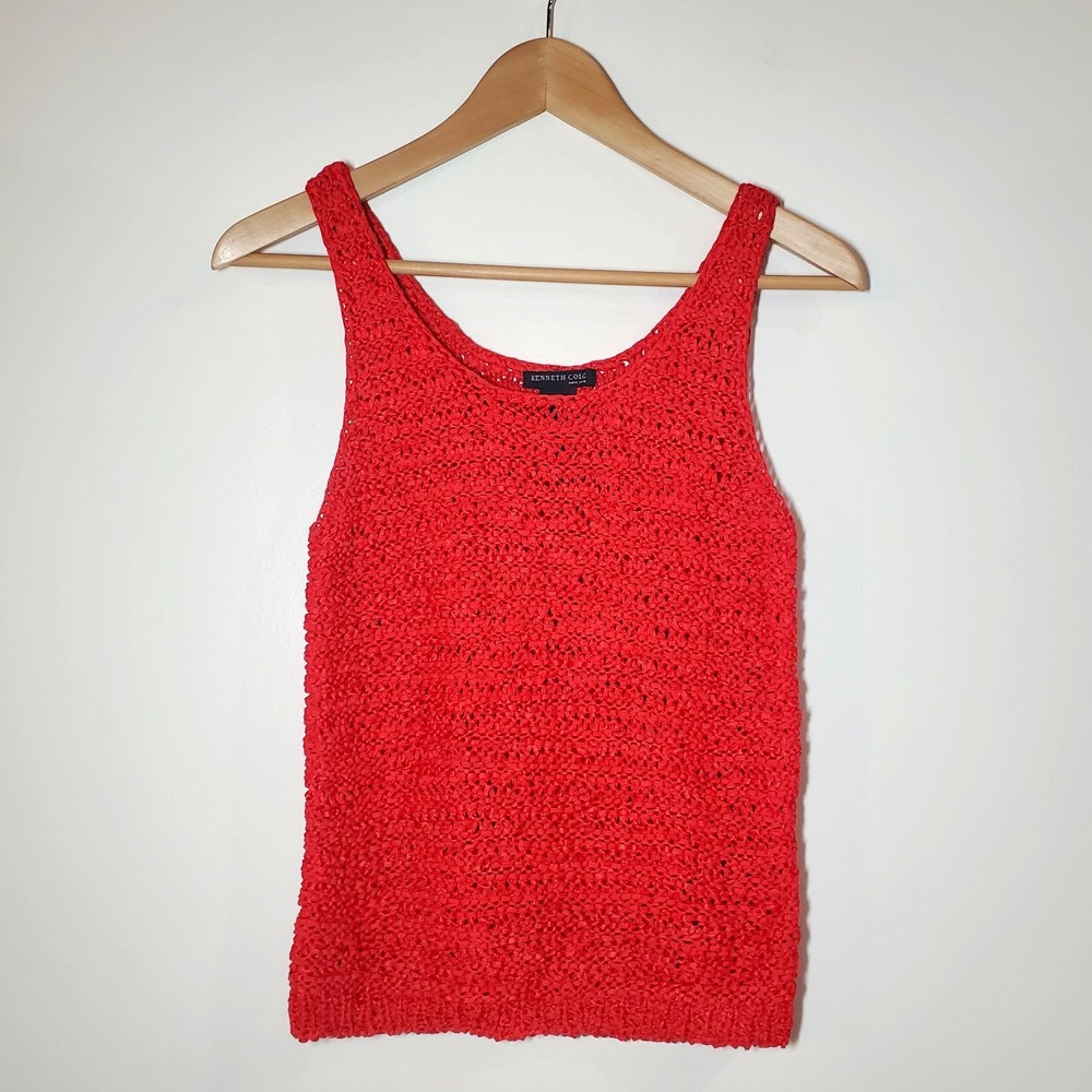 Vintage Kenneth Cole New York Red Crochet Knit Tank Top Size S Small Scoop Neck